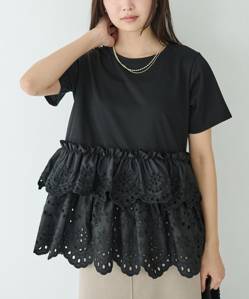 LAVEANGE（ラビアンジェ）の「クラフト刺繍プルオーバー（Tシャツ/カットソー・レディース・オフホワイト/ブラック・M/LL/3L/4L/5L）」の15枚目の写真