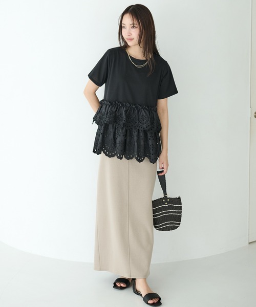 LAVEANGE（ラビアンジェ）の「クラフト刺繍プルオーバー（Tシャツ/カットソー・レディース・オフホワイト/ブラック・M/LL/3L/4L/5L）」の19枚目の写真