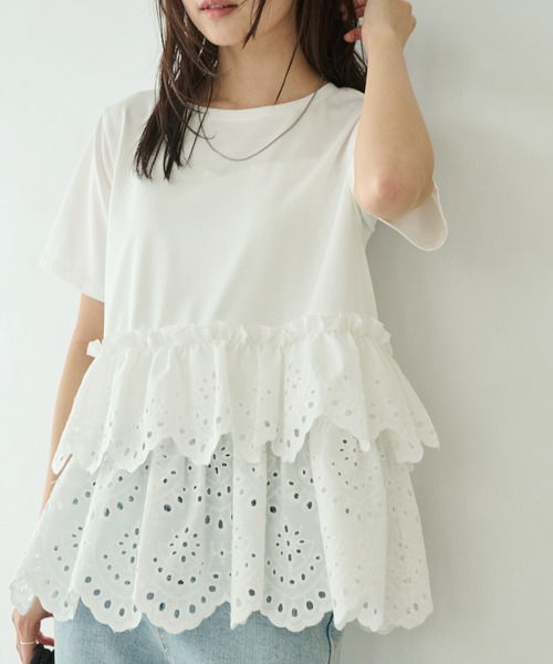 LAVEANGE（ラビアンジェ）の「クラフト刺繍プルオーバー（Tシャツ/カットソー・レディース・オフホワイト/ブラック・M/LL/3L/4L/5L）」の3枚目の写真