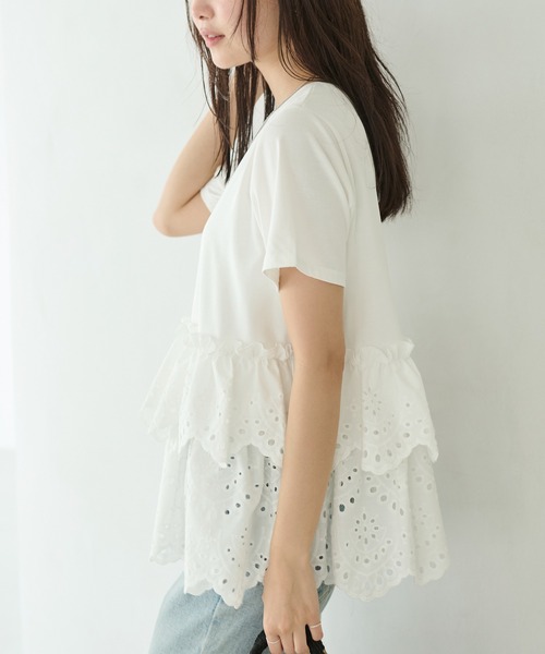 LAVEANGE（ラビアンジェ）の「クラフト刺繍プルオーバー（Tシャツ/カットソー・レディース・オフホワイト/ブラック・M/LL/3L/4L/5L）」の6枚目の写真