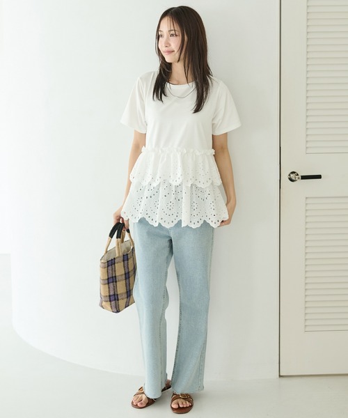 LAVEANGE（ラビアンジェ）の「クラフト刺繍プルオーバー（Tシャツ/カットソー・レディース・オフホワイト/ブラック・M/LL/3L/4L/5L）」の10枚目の写真