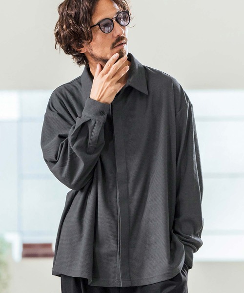 Magine(マージン)の「ms5977- Deformed Waffle Jacquard Fly Front Design Shirts 比翼シャツ(シャツ/ブラウス・メンズ・ブラック/ホワイト/チャコール・44/46/48)」の3枚目の写真