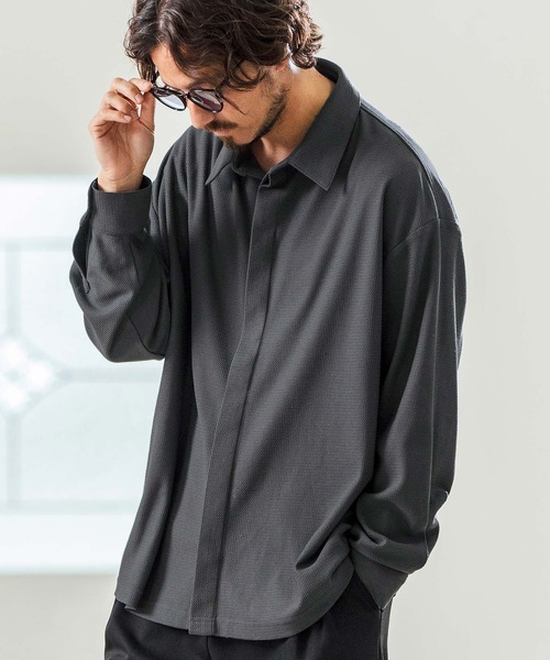 Magine(マージン)の「ms5977- Deformed Waffle Jacquard Fly Front Design Shirts 比翼シャツ(シャツ/ブラウス・メンズ・ブラック/ホワイト/チャコール・44/46/48)」の6枚目の写真