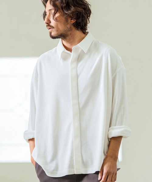 Magine(マージン)の「ms5977- Deformed Waffle Jacquard Fly Front Design Shirts 比翼シャツ(シャツ/ブラウス・メンズ・ブラック/ホワイト/チャコール・44/46/48)」の12枚目の写真