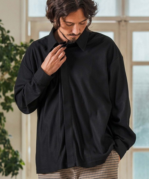 Magine(マージン)の「ms5977- Deformed Waffle Jacquard Fly Front Design Shirts 比翼シャツ(シャツ/ブラウス・メンズ・ブラック/ホワイト/チャコール・44/46/48)」の17枚目の写真