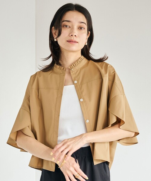 新品　グリーンレーベルリラクシング　フレアスリーブ クロップド　シャツ　ブルー フレアスリーブ クロップド シャツ -マシンウォッシャブル・UV