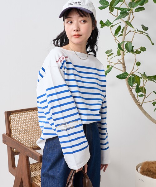 セール】パネルボーダー 刺繍 バスクシャツ/ボーダーロンT（T