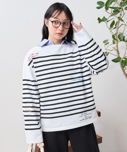 セール】パネルボーダー 刺繍 バスクシャツ/ボーダーロンT（T