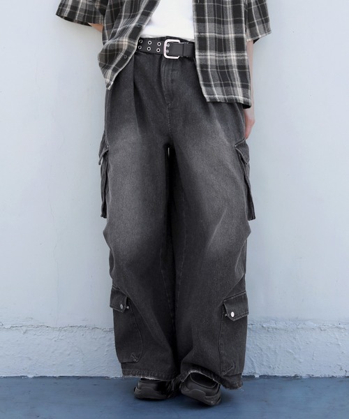 【CLEL】3Dメニーポケット デニムカーゴパンツ　ブラック系 CLEL】3D Many Pocket Denim Cargo Pants / 3Dメニーポケット