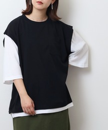 吸水速乾 UVカット ストレッチ ワイドシルエット 梨地 カットジョーゼット デザイン フェイクベスト TEE
