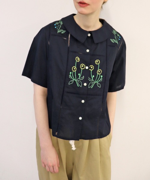 「haupia」 半袖ブラウス MEDIUM ブルーグレー レディース haupia｜ハウピアのシャツ/ブラウス（ブルー・ネイビー/青色系