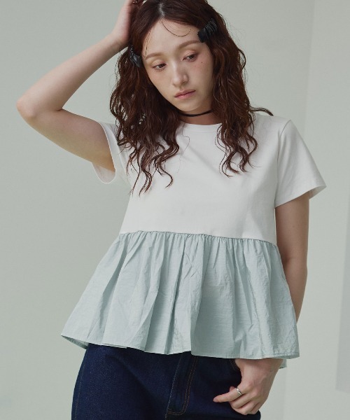 W:Huku(フーク)の「切り替え 配色 ペプラム コンパクト Tシャツ / 半袖 ハーフスリーブ(Tシャツ/カットソー・レディース・オフホワイト/ライトブラウン/ブラック/チャコール・M/L)」の8枚目の写真