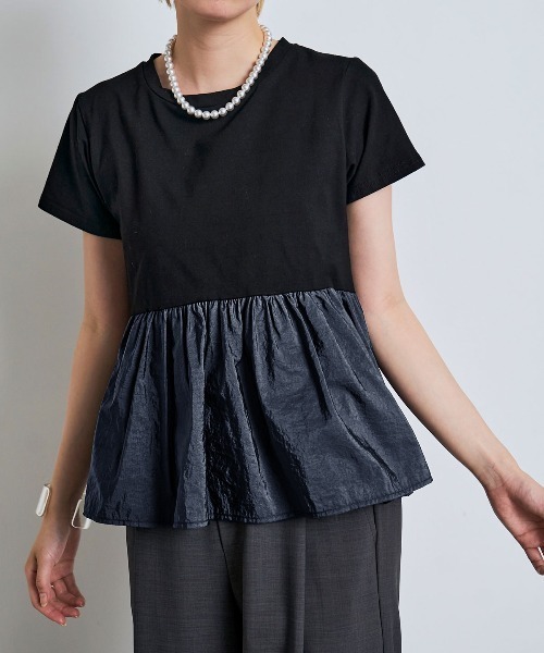 W:Huku(フーク)の「切り替え 配色 ペプラム コンパクト Tシャツ / 半袖 ハーフスリーブ(Tシャツ/カットソー・レディース・オフホワイト/ライトブラウン/ブラック/チャコール・M/L)」の12枚目の写真