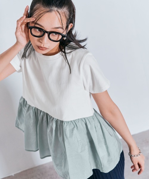 W:Huku(フーク)の「切り替え 配色 ペプラム コンパクト Tシャツ / 半袖 ハーフスリーブ(Tシャツ/カットソー・レディース・オフホワイト/ライトブラウン/ブラック/チャコール・M/L)」の19枚目の写真
