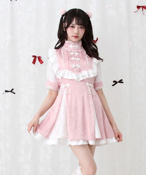 DearMyLove（ディアマイラブ）の「チャイナ風ヨークレースフリルジャガードワンピース（ワンピース・レディース・ボルドー/ラベンダー/ブラック/ベビーピンク・SMALL/MEDIUM/LARGE/LL/3L）」の3枚目の写真