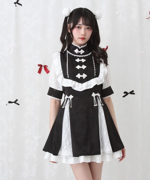 DearMyLove（ディアマイラブ）の「チャイナ風ヨークレースフリルジャガードワンピース（ワンピース・レディース・ボルドー/ラベンダー/ブラック/ベビーピンク・SMALL/MEDIUM/LARGE/LL/3L）」の7枚目の写真