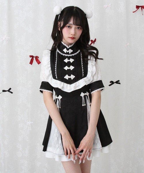 DearMyLove（ディアマイラブ）の「チャイナ風ヨークレースフリルジャガードワンピース（ワンピース・レディース・ボルドー/ラベンダー/ブラック/ベビーピンク・SMALL/MEDIUM/LARGE/LL/3L）」の9枚目の写真