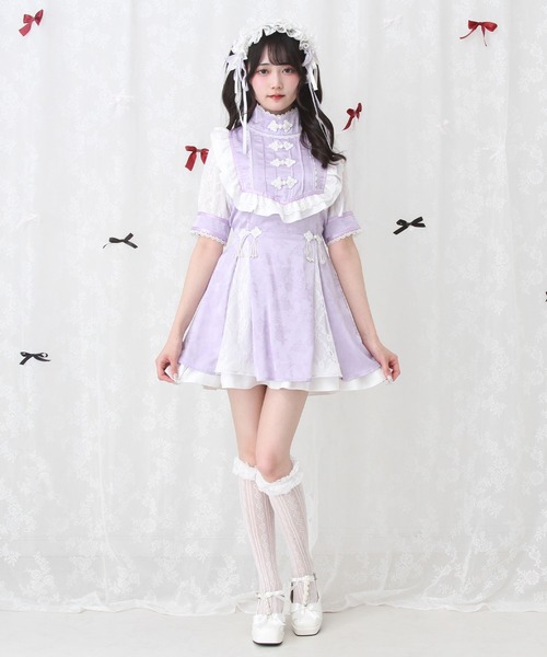 DearMyLove（ディアマイラブ）の「チャイナ風ヨークレースフリルジャガードワンピース（ワンピース・レディース・ボルドー/ラベンダー/ブラック/ベビーピンク・SMALL/MEDIUM/LARGE/LL/3L）」の11枚目の写真