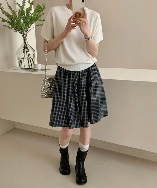 BANICO(バニコ)の「クルーネックリブ編み半袖ニットトップス(ニット/セーター・レディース・ブルー/ピンク/ベージュ/ブラック/ライトベージュ/パープル・FREE)」の15枚目の写真