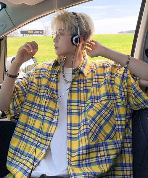 Ressaca（レサーカ）の「オーバーサイズ半袖チェック柄シャツ（シャツ/ブラウス・メンズ・ネイビー/イエロー/ブラウン/ピンク/ホワイト/ブルー/ブラック/ライトブルー・M/L/XL）」の7枚目の写真