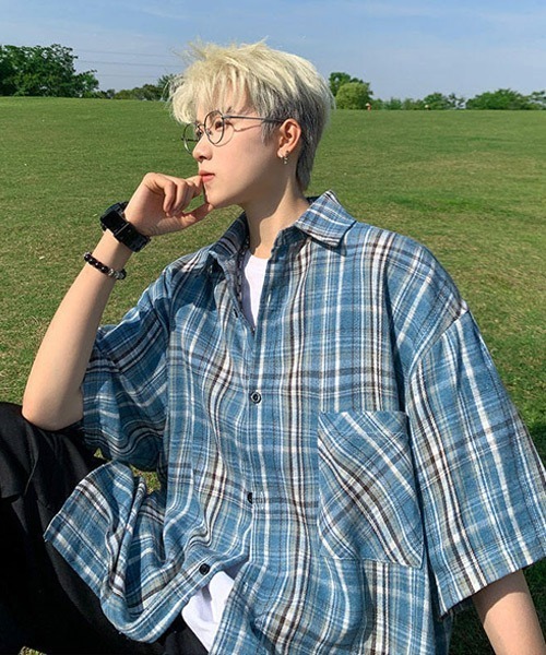 Ressaca（レサーカ）の「オーバーサイズ半袖チェック柄シャツ（シャツ/ブラウス・メンズ・ネイビー/イエロー/ブラウン/ピンク/ホワイト/ブルー/ブラック/ライトブルー・M/L/XL）」の21枚目の写真