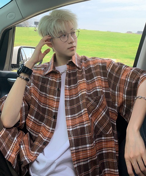 Ressaca（レサーカ）の「オーバーサイズ半袖チェック柄シャツ（シャツ/ブラウス・メンズ・ネイビー/イエロー/ブラウン/ピンク/ホワイト/ブルー/ブラック/ライトブルー・M/L/XL）」の11枚目の写真