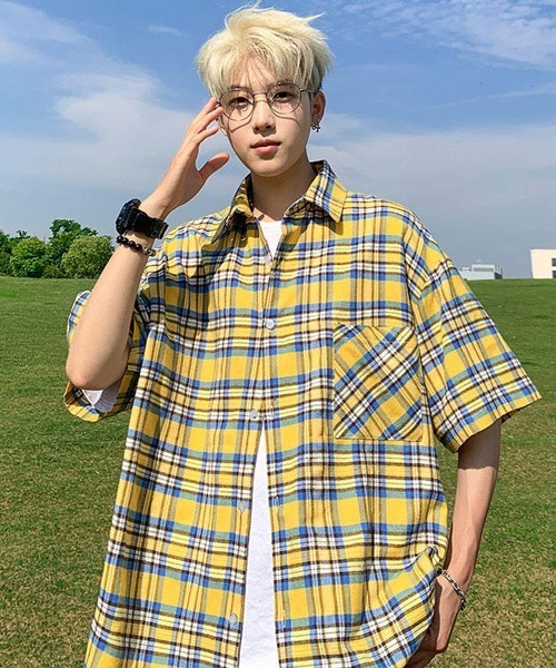 Ressaca（レサーカ）の「オーバーサイズ半袖チェック柄シャツ（シャツ/ブラウス・メンズ・ネイビー/イエロー/ブラウン/ピンク/ホワイト/ブルー/ブラック/ライトブルー・M/L/XL）」の14枚目の写真