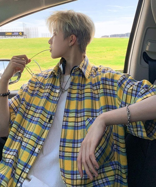 Ressaca（レサーカ）の「オーバーサイズ半袖チェック柄シャツ（シャツ/ブラウス・メンズ・ネイビー/イエロー/ブラウン/ピンク/ホワイト/ブルー/ブラック/ライトブルー・M/L/XL）」の15枚目の写真