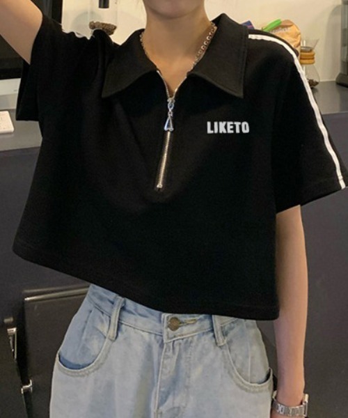 SHEPP（シープ）の「サイドライン ハーフジップ ショートTシャツ（Tシャツ/カットソー・レディース・ホワイト/ブラック・F）」の2枚目の写真