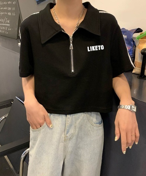 SHEPP（シープ）の「サイドライン ハーフジップ ショートTシャツ（Tシャツ/カットソー・レディース・ホワイト/ブラック・F）」の6枚目の写真