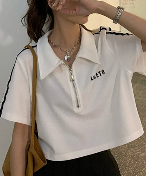 SHEPP（シープ）の「サイドライン ハーフジップ ショートTシャツ（Tシャツ/カットソー・レディース・ホワイト/ブラック・F）」の12枚目の写真