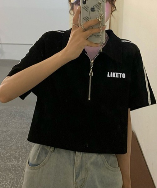 SHEPP（シープ）の「サイドライン ハーフジップ ショートTシャツ（Tシャツ/カットソー・レディース・ホワイト/ブラック・F）」の5枚目の写真