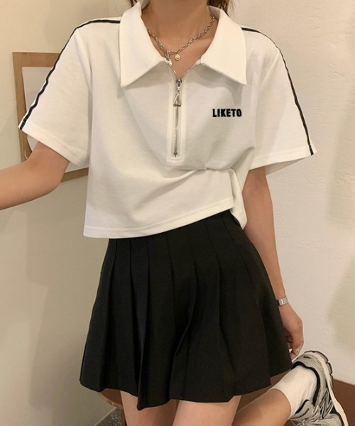 SHEPP（シープ）の「サイドライン ハーフジップ ショートTシャツ（Tシャツ/カットソー・レディース・ホワイト/ブラック・F）」の11枚目の写真