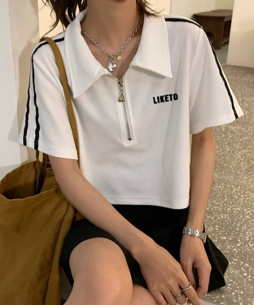 SHEPP（シープ）の「サイドライン ハーフジップ ショートTシャツ（Tシャツ/カットソー・レディース・ホワイト/ブラック・F）」の10枚目の写真