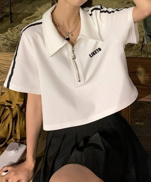 SHEPP（シープ）の「サイドライン ハーフジップ ショートTシャツ（Tシャツ/カットソー・レディース・ホワイト/ブラック・F）」の9枚目の写真