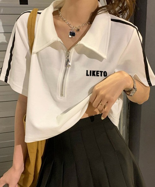 SHEPP（シープ）の「サイドライン ハーフジップ ショートTシャツ（Tシャツ/カットソー・レディース・ホワイト/ブラック・F）」の8枚目の写真