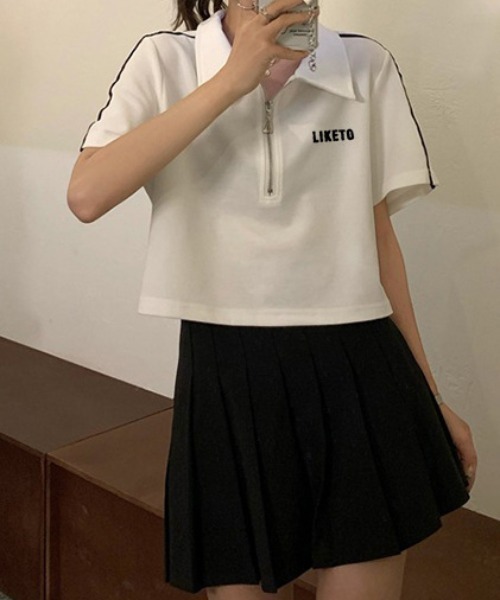 SHEPP（シープ）の「サイドライン ハーフジップ ショートTシャツ（Tシャツ/カットソー・レディース・ホワイト/ブラック・F）」の7枚目の写真