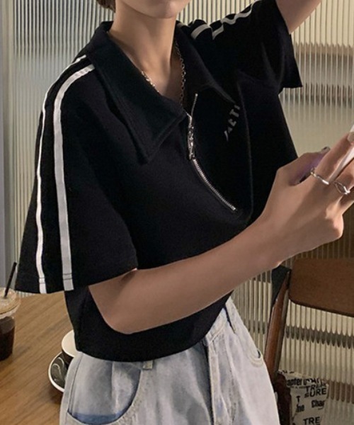 SHEPP（シープ）の「サイドライン ハーフジップ ショートTシャツ（Tシャツ/カットソー・レディース・ホワイト/ブラック・F）」の3枚目の写真