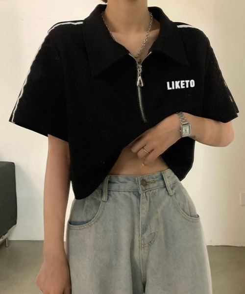 SHEPP（シープ）の「サイドライン ハーフジップ ショートTシャツ（Tシャツ/カットソー・レディース・ホワイト/ブラック・F）」の13枚目の写真