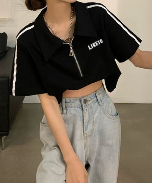 SHEPP（シープ）の「サイドライン ハーフジップ ショートTシャツ（Tシャツ/カットソー・レディース・ホワイト/ブラック・F）」の15枚目の写真