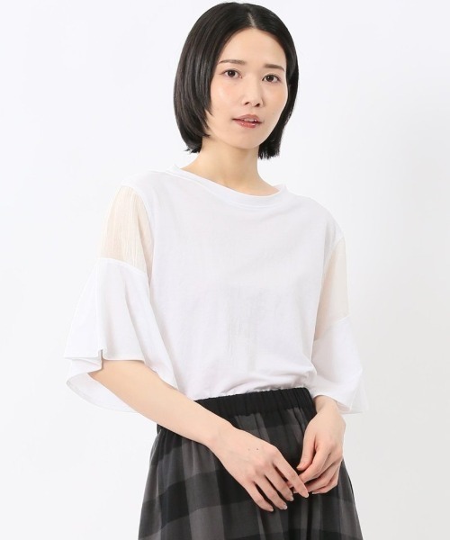 m.f.editorial（エムエフエディトリアル）の「【シアー 切替 ややゆったり】m.f.エディトリアル レディース クルーネック 5分袖 プルオーバー（Tシャツ/カットソー・レディース・ブラック/ホワイト/ブラウン・LARGE/MEDIUM）」の2枚目の写真