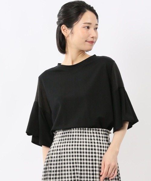 m.f.editorial（エムエフエディトリアル）の「【シアー 切替 ややゆったり】m.f.エディトリアル レディース クルーネック 5分袖 プルオーバー（Tシャツ/カットソー・レディース・ブラック/ホワイト/ブラウン・LARGE/MEDIUM）」の3枚目の写真