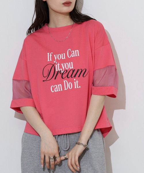 EGLANTINE(エグランティーヌ)の「EGLANTINE オーガンジー切替5分袖ロゴカットソー(Tシャツ/カットソー・レディース・ブラック/オフホワイト/グリーン/ピンク・40)」の4枚目の写真