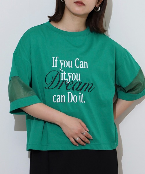 EGLANTINE(エグランティーヌ)の「EGLANTINE オーガンジー切替5分袖ロゴカットソー(Tシャツ/カットソー・レディース・ブラック/オフホワイト/グリーン/ピンク・40)」の3枚目の写真