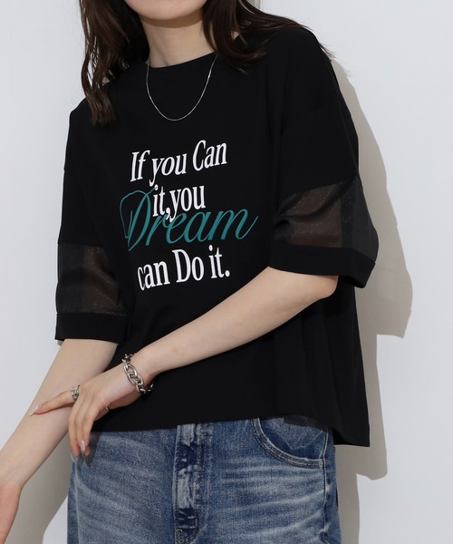 tシャツ EGLANTINE オーガンジー切替5分袖ロゴカットソー レディース セール】EGLANTINE オーガンジー切替5分袖ロゴカットソー（T
