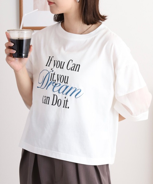EGLANTINE(エグランティーヌ)の「EGLANTINE オーガンジー切替5分袖ロゴカットソー(Tシャツ/カットソー・レディース・ブラック/オフホワイト/グリーン/ピンク・40)」の5枚目の写真