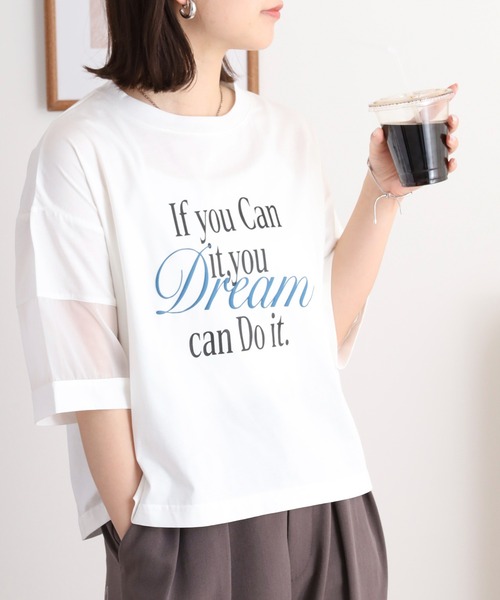 EGLANTINE(エグランティーヌ)の「EGLANTINE オーガンジー切替5分袖ロゴカットソー(Tシャツ/カットソー・レディース・ブラック/オフホワイト/グリーン/ピンク・40)」の7枚目の写真