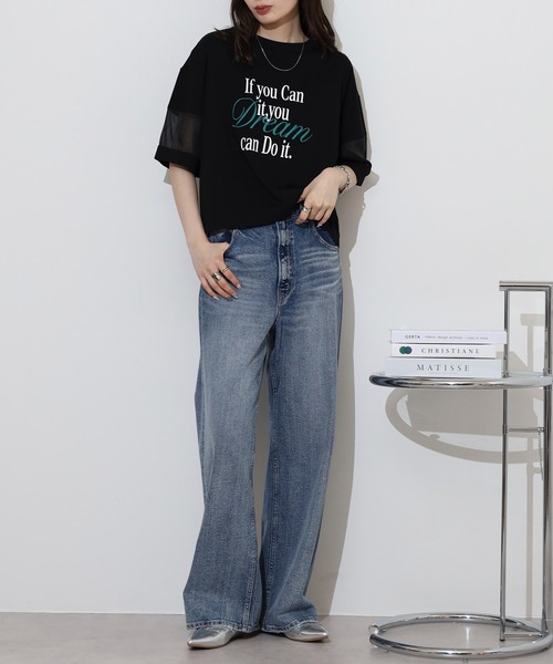 EGLANTINE(エグランティーヌ)の「EGLANTINE オーガンジー切替5分袖ロゴカットソー(Tシャツ/カットソー・レディース・ブラック/オフホワイト/グリーン/ピンク・40)」の12枚目の写真