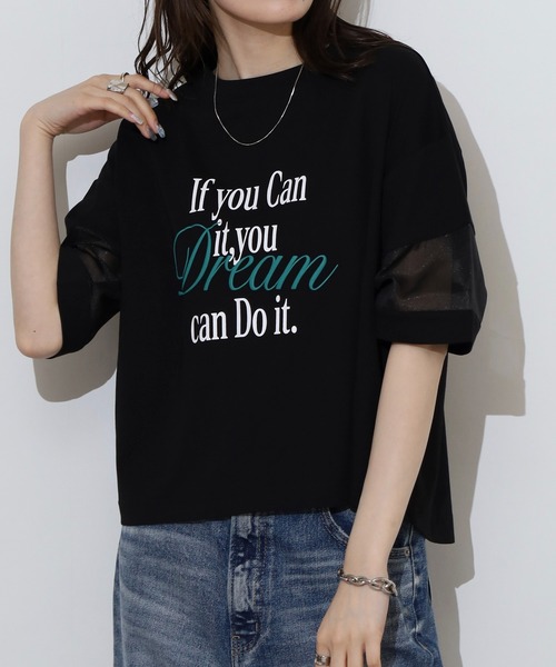 EGLANTINE(エグランティーヌ)の「EGLANTINE オーガンジー切替5分袖ロゴカットソー(Tシャツ/カットソー・レディース・ブラック/オフホワイト/グリーン/ピンク・40)」の9枚目の写真