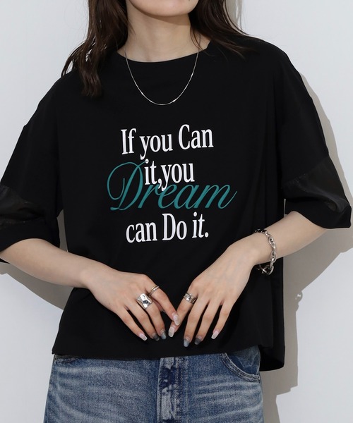 EGLANTINE(エグランティーヌ)の「EGLANTINE オーガンジー切替5分袖ロゴカットソー(Tシャツ/カットソー・レディース・ブラック/オフホワイト/グリーン/ピンク・40)」の10枚目の写真